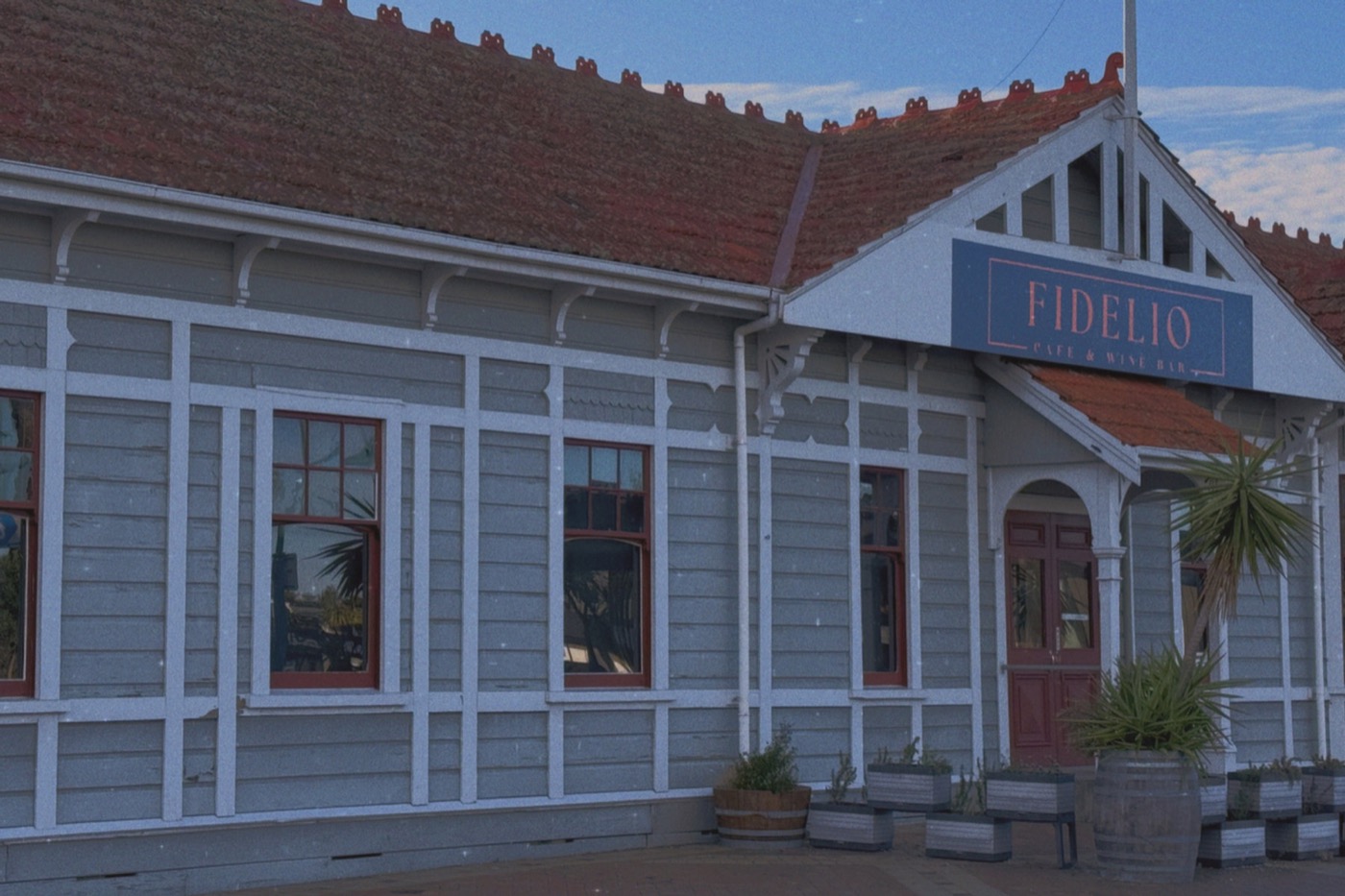 The Fidelio café and wine bar in the old Blenheim railway station, its name on the gable above the entrance